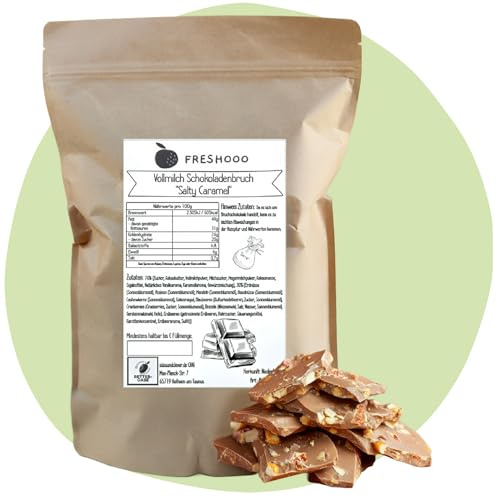 freshooo® HELLER Schokoladenbruch | Salty Caramel | 1,0 kg | mit Karamell und leicht gesalzen | mit Nüssen & Trockenfrüchten und Beeren | ökologisch-nachhaltig abgepackt | Schokolade