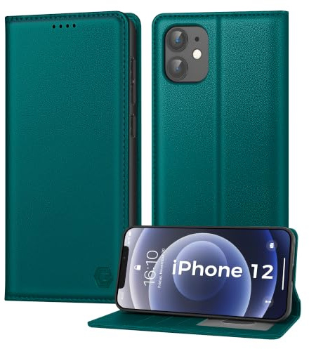 Kirnntca Handyhülle für iPhone 12/12 Pro Hülle, Kartenfach Premium PU Leder Klapphülle Schutzhülle, Standfunktion Tasche Flip Case für iPhone 12/12 Pro - Grün