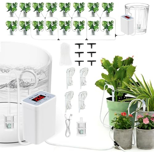 Irrigazione automatica indoor, sistema di auto-irrigazione con allarme a bassa tensione per 16 piante in vaso, kit di irrigazione a goccia automatico con tubo da 15 m, antisiphon 16 contagocce per