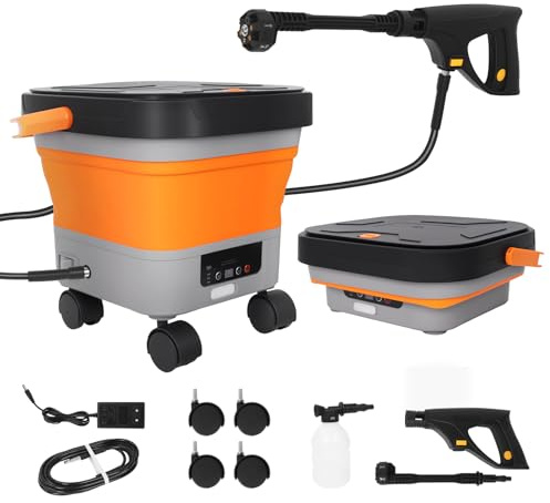 Plasaig Tragbarer Druckreiniger Set, Mobile Reinigung für Fahrrad, Fenster, Camping, Garten und Haustier, 6 in 1 Multifunktionsdüse, Niederdruck, 20 bar, mit Faltbarer Wassertank 12L, Schlauch 5m