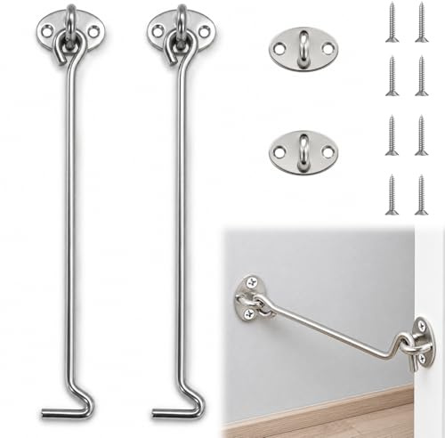 2 Stück 10inch Sturmhaken mit Öse,Silber Torhakenschloss | mit Schrauben Haken,Sturmhaken Edelstahl für Verriegeln von Fenstern,Jalousien,Scheunen,Garagentoren und Schuppentüren