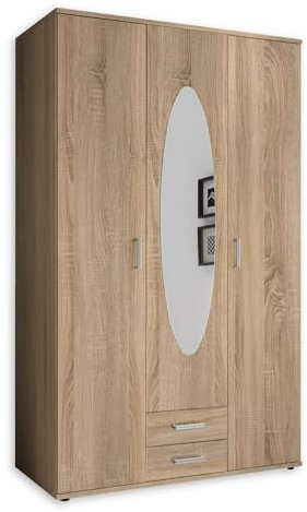 Stella Trading Eleganter Kleiderschrank 3-türig mit viel Stauraum - Vielseitiger Drehtürenschrank in Sonoma Eiche Optik mit Spiegeltür - 120 x 195 x 55 cm (B/H/T)