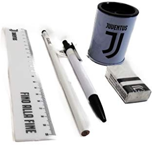 OFFERTA SCUOLA- KIT UFFICIALE PORTAPENNE WHITE JUVE JUVENTUS MATITA TEMPERINO PENNA GOMMA RIGHELLO 15cm