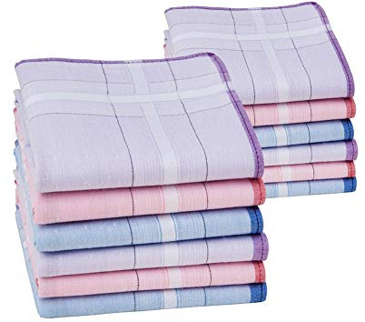 HOULIFE Femme Mouchoirs Tissu en Pur Coton Peigné Motif Rayures Carreaux Classique pour Usage Quotidien Lot de 6/12 Pièces 28x28cm Cadeau de Noël