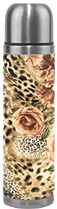 Linomo Thermosflasche Tier Leopard Druck Rose Edelstahl Wasserflasche,Isoliert Auslaufsicher, Doppelwandig Vakuumflasche für Sport Reise Camping Büro 500 ml