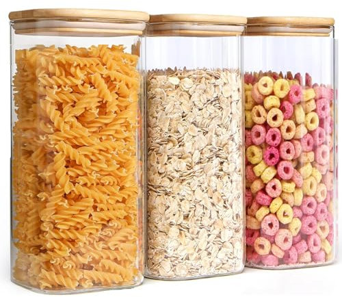 Fulfun 1500ml Glass Jars with Bamboo Lids, 3pcs Air Tight Kitchen Food Cereal Containers for Storage,Canister Set for Jam Pasta Spaghetti Tea Coffee Beans Cookie Snack Flour