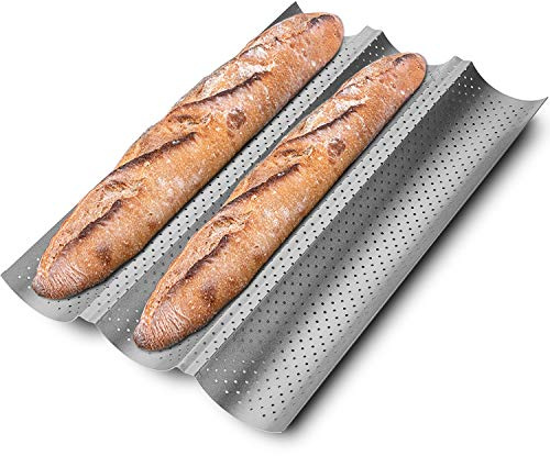 KITESSENSU Nonstick Baguette Pans for French Bread Baking, Perforated 3 Loaves Baguettes Bakery Tray, 15 x 9, Silver