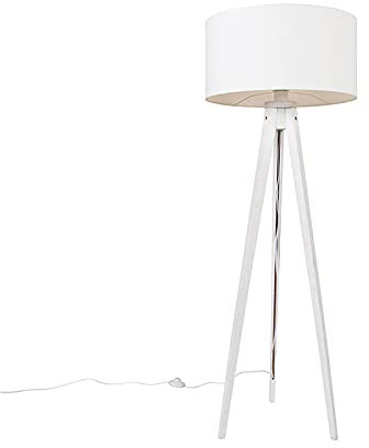 Qazqa - Modern Modernes Stehlampenstativ weiß mit weißem Schirm 50 cm - Tripod I Dreifuß Lampe I Dreifuss Classic I Wohnzimmer I Schlafzimmer - Holz Rund - LED geeignet E27