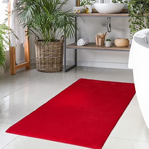 carpet city Badteppich Rot - 80x150 cm Einfarbig - Badematte rutschfest, waschbar, weich, saugfähig, schnelltrocknend - Badvorleger Hochflor Soft Touch Badezimmer