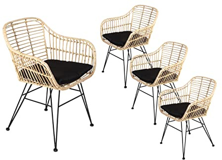 SAM 4er Set Rattanstuhl Antalya, Farbe Natur, inklusive Sitzkissen | Korbstuhl mit Metallfüßen, Geflechtstuhl/Eisenstuhl im Retro-Design, Esszimmerstuhl mit Armlehnen