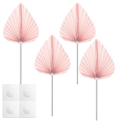 Udewo 4 Pcs Paper Palm Fan Cake Toppers, Palm Spear Leaf Cake Topper Fan Cupcake Toppers Cake Insert Decoration for Cake Decorating DIY Craft Project Home Wedding Party Décor, Pink