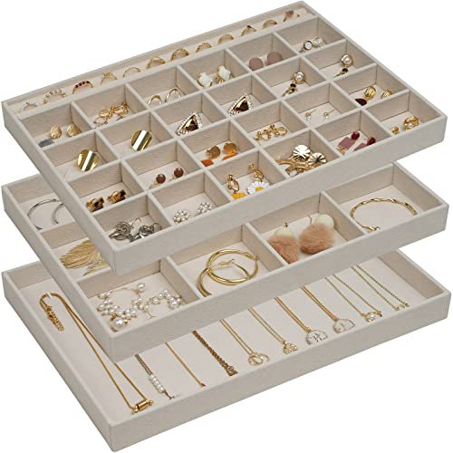 ProCase Set di 3 vassoi impilabili per cassetti, inserto per cassetti, divisori, espositori, gioielli, con divisori rimovibili, per anelli, orecchini, collane, bracciali, orologi, colore: beige