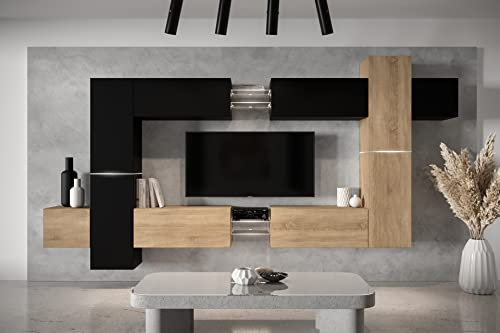 Furnitech Wohnwand Wohnzimmer - Wohnzimmer Möbel mit LED RGB - 16 Farben - Hängend Wohnwand Modern - Wohnzimmer Schrankwand mit Regale und TV Schrank (AN91NEW-21BS-M10 MATT)