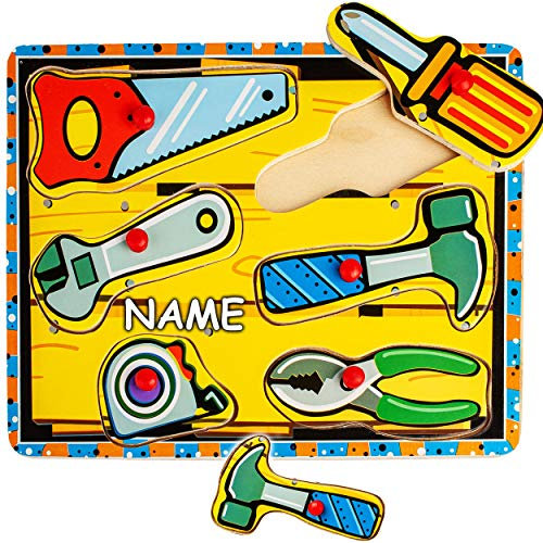 alles-meine.de GmbH Steckpuzzle mit Griff - Motivwahl - Werkzeuge - Hammer & Säge - inkl. Name - aus Holz - 6 Teile - großes Holzpuzzle/Einlegepuzzle - Legespiel - Rahmenpuzzle..