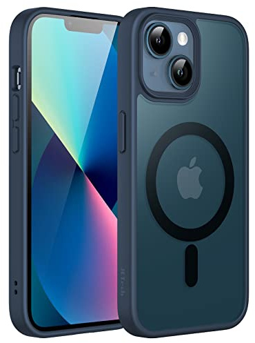 JETech Cover Magnetica per iPhone 13 6,1 Pollici Compatibile con MagSafe, Custodia Traslucida Opaca Posteriore Sottile Antiurto (Blu Tempesta)
