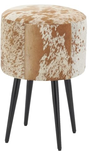 AUBRY GASPARD - Tabouret en Peau de Vache - Marron Blanc Noir - Métal Noir - Ø 30 cm x Hauteur 45 cm - Unique et Tendance - Livré Monté - Assise Confortable et Stable - Idéal pour Salon et Cuisine