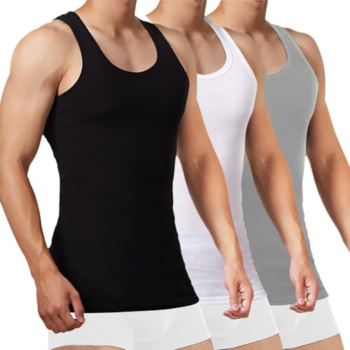 FALARY Débardeur Homme Débardeurs Homme Lot de 3 Maillot de Corps 100% Coton Toutes Les Tailles et Les Couleurs Noir Blanc Gris L