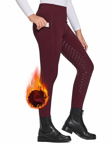 FitsT4 Sports Girls Winter Riding Pants Fleece Lined Riding Breeches Kids Full Seat Equestrian Pants Tights with Pockets Wine,L