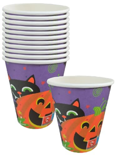 Acan Tradineur - Packs de 48 Vasos de Halloween con diseño de Calabaza y Gato - Fabricado en Papel - Ideal para Fiestas de Halloween - 270 ml - Ø 7,5 x 9 cm