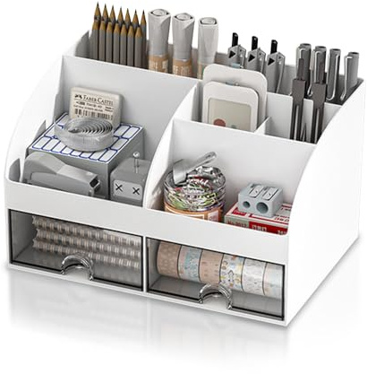 HAOTIAN-X Organizador de escritorio con cajón, 8 cuadrículas, organizador de escritorio de plástico multifuncional, caja de almacenamiento de escritorio blanca ordenada, gran capacidad accesorios de