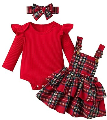 Geagodelia Baby Mädchen Weihnachten Outfit Kleidung Weihnachtsoutfit Babykleidung Set Body Strampler Top + Rock mit Hosenträger Neugeborene Babyset My First Christmas (A - Rot, 6-12 Monate)