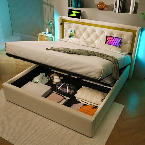 Merax Polsterbett 160x200cm mit LED-Beleuchtung, Hydraulisch Doppelbett mit USB Typ C Ladefunktion Kopfteil, Stauraumbetten Bettgestell mit Lattenrost, Baumwolle, Jugendbett, Ohne Matratze, Beige