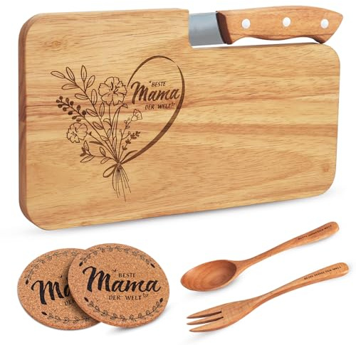 SLDALES Schneidebrett Holz Beste Mama Geschenk,Mutter Weihnachtsgeschenke Geschenke Fruhsticksbrettchen,Holzbrett + Liffel Gabelmit Gravur + Glasuntersetzer