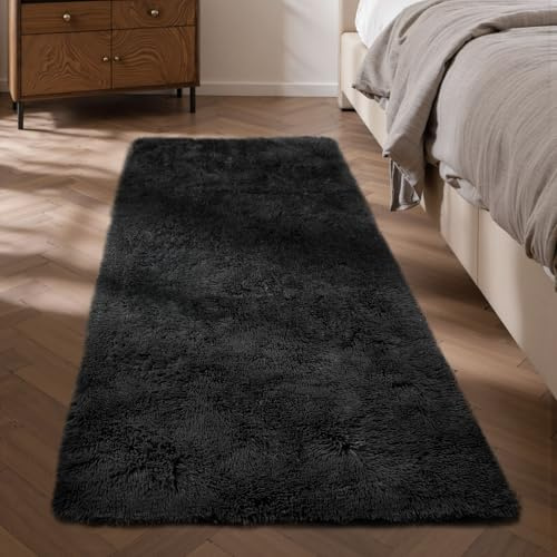Sour Lemon Rugs Living Room 60x120cm, Black Runner rug for Bedroom | Washable Anti Slip Fluffy Rug Shaggy Soft Modern Floor Carpets Mat Beside Rugs for Kids Hallway Living Room