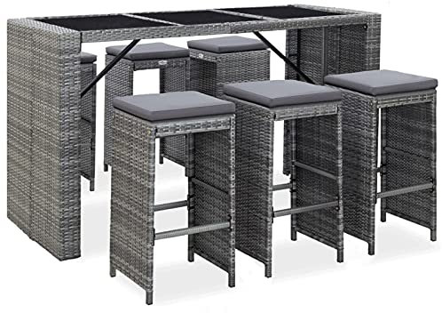 Gecheer 7-TLG.Gartenbar-Set Garten Bar Set Sitzgruppe Rattan Bar Tresen Theke Tisch Barset Garten Tisch Outdoor Gartenmöbel Set mit Auflagen Poly Rattan Grau