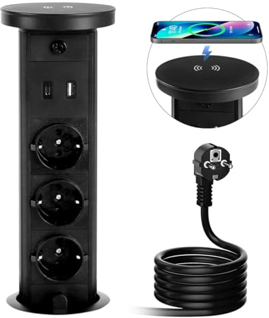 3-vägs sänkbart uttag, infällbart bordsuttag svart med trådlös laddare, inbyggt uttag för bänkskiva för kontor och kök, 1 typ A 1 typ C USB-port, LED-upplyst