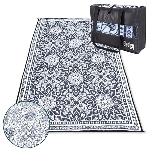 Gadgy Outdoor Teppich Wetterfest 300x200 cm | Wendbarer Garten Teppich Schwarz | UV-beständig & Wasserfest für Balkon, Terrasse & Garten | Kunststoff Picknickdecke inkl. Tragetasche
