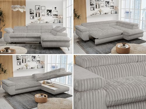 MKS MEBLE Ecksofa Wohnlandschaft L-Form mit Schlaffunktion und Bettkasten, Schlafsofa mit Bettkasten, Sofa mit Einstellbare Kopfstützen, Peter L - Cord - Rechts Hellgrau