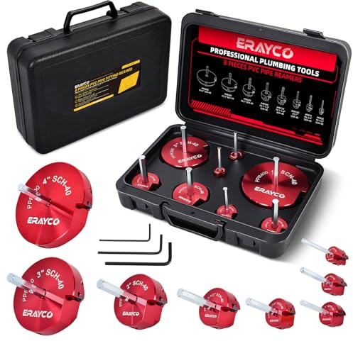 ERAYCO 8-Piece PVC Pipe Reamer Kit with 1/2, 3/4, 1, 1-1/4, 1-1/2, 2, 3, 4 Heads, 4-Sided Carbide Aluminum Fitting Saver, Plumbing Tools for Schedule SCH40 PVC, CPVC or ABS