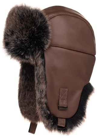 Futrzane Trapperhut aus Leder - Fliegermütze Herren - Russische Mütze Uschanka (L, Braun - Braun Siberian)