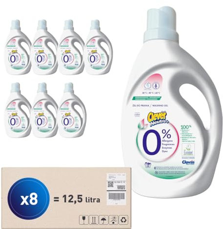 Gel de lavado neutro biodegradable (26 Lavados) CLEVER NEUTRO + COLOR Detergente hipoalergénico 1,56 l multipack 8 piezas