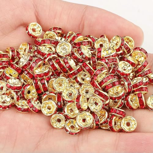 50 Stück Strass-Abstandshalterperlen, mehrere Metall-Abstandshalter, Rondellperlen zur Schmuckherstellung, gold-rot, 6 mm, 50 Stück