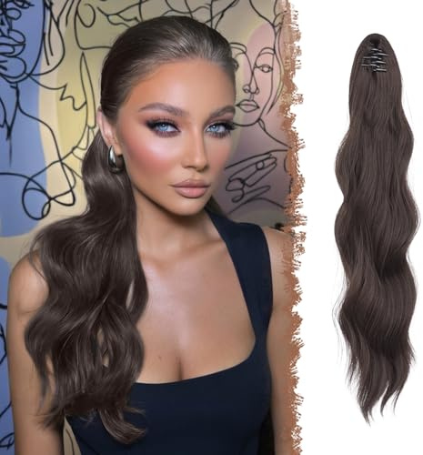 FESHFEN Pferdeschwanz Extensions Klammer, 50 cm Hair Extensions Zopf Lang Gewellt Haarteil Clip Braun Haarverlängerung für Frauen