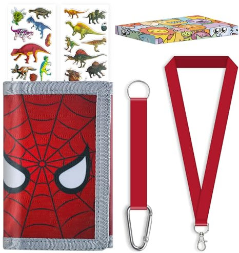 SUNDEE Kinder Geldbörse für Jungen und Mädchen, dreifach gefaltete Geldbeutel in Boxverpackung mit Aufklebern und Schlüsselband für Geschenke, Geldbörse mit Münzfach mit Reißverschluss (Spinne Rot)