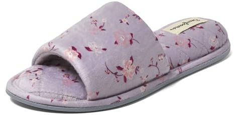 Dearfoams Pantofole estive da donna in memory foam per interni, in velluto con fiori viola, taglia 40/40, Velluto fiore viola, 40/41 EU