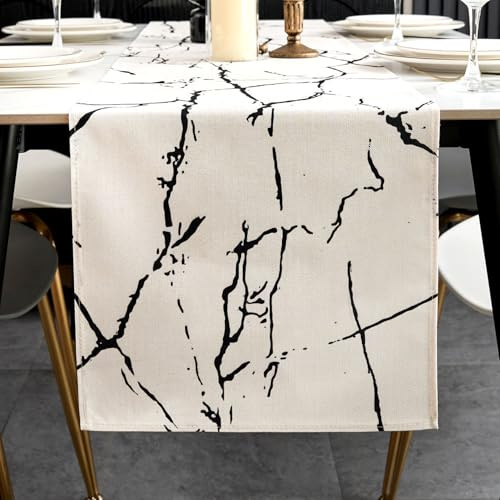 ViaElayu Tischläufer Modern Weiß Schwarz Marmor Textur Abstrakte Abwaschbar Outdoor Frühling Landhausstil Vintage Bauernhaus Rechteckige Tischdecke Küche Tisch Läufer Party Deko 40x140 cm