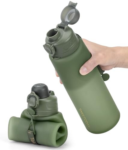 TakeToday Collapsible Water Bottles 32oz, Foldable Travel Water Bottle with Strap, BPA Free, Silicone Water Bottle Leakproof for Hiking, International Travel, Outdoors (Green)
