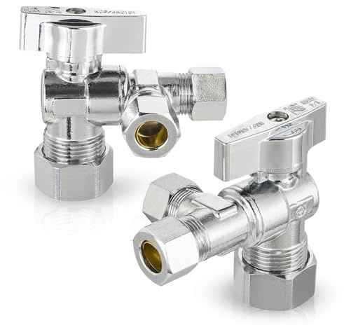 (Pack of 2) Seelink 1/4-Turn Dual Compression Outlet Split Angle Stop Valve, 1/2 NOM (5/8 OD) x (3/8 inch x 3/8 inch) OD, Chrome Plated Brass(VALVE206)