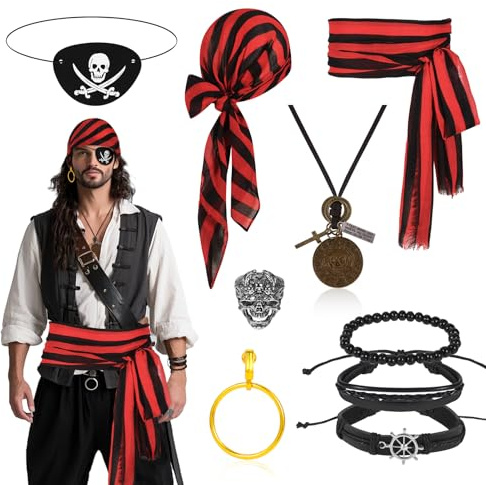 Beipegin 10 Pezzi Costume Pirata Uomo Donna,Bandana Pirata Cintura Pirata Benda Pirata Capitano Anello Collana Accessori Pirata Adulti per Halloween Carnevale Feste Pirata Cosplay