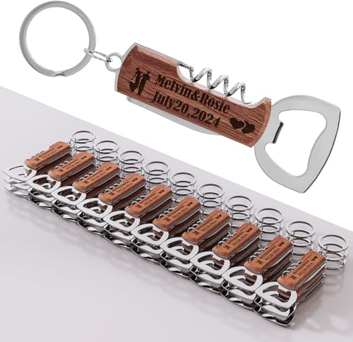 30 pezzi Apribottiglie in legno di palissandro multifunzionale personalizzato per festa di matrimonio, bomboniere per ospiti, regali personalizzati per feste di compleanno, portachiavi apribottiglie