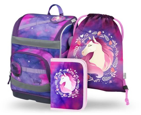 Baagl Schulranzen Mädchen Set 3 Teilig Zippy Schulrucksack 21 l - Pferd | Schultasche für die 1. Klasse und Grundschule Ranzen mit Brustgurt, Hüftgurt, Mäppchen und Turnbeutel im Set für Kinder.