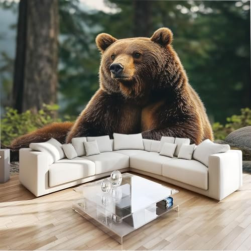 Grün Fototapete Wald Bäume Tiere Braunbär Vlies Modern 3D Wandbild, Schadstofffrei Uv-Beständige Wanddekoration B250 X H175 Cm Für Wohnzimmer, Schlafzimmer, Büro - Feuchtigkeitsresistent