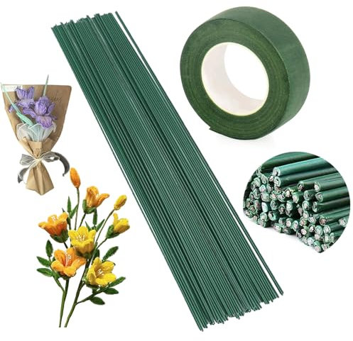 Caelura 30 Stücke Blumendraht Grün mit 1 Floristenband (30m/Rolle), Floristendraht zum Basteln, 30cm Kunstoff Blumenstamm Steckdraht 2mm Blumenstieldraht für DIY Herstellung von Blumenarrangements