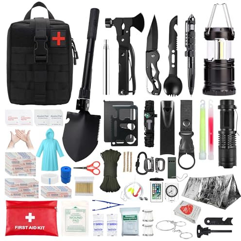 EIN Survival kit mit Emergency kit，206-teiliges überlebensausrüstung notfallrucksack，Kompass Militärschaufel Camping Light Regenmantel Zelt，Outdoor-Camping-Abenteuer-Wandergeschenke für Herren