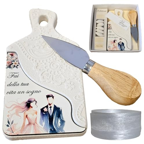 Ametista Regali Bomboniere - Tagliere Bomboniera Matrimonio in pietra 14,5x8cm con scatola, confetti alla mandorla, nastro organza bianco, coltellino da formaggio e bigliettino personalizzato