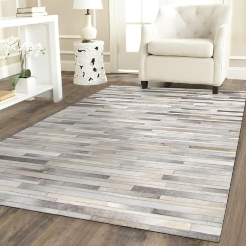 REGAL RUGS Luxury Cowhide Leather Patchwork Rug – Modern Striped Pattern in Neutral Grey, Beige & White Tones – Handmade Area Rug for Living Room, Bedroom, Office – Durable & Soft (9x12 ft)